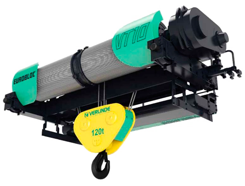 Palan électrique à câble vert EUROBLOC VT10 avec moufle jaune 120 t et crochet, sur fond transparent