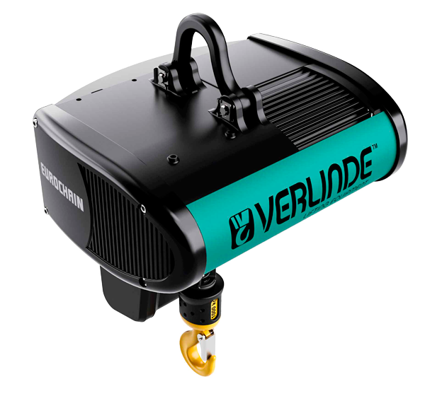 Palan électrique à chaîne noir et vert EUROCHAIN Verlinde avec crochet jaune, sur fond transparent