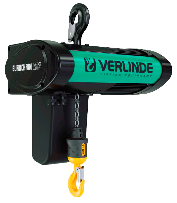 Palan électrique à chaîne vert et noir EUROCHAIN VR2 Verlinde avec crochet jaune 250 kg, sur fond transparent