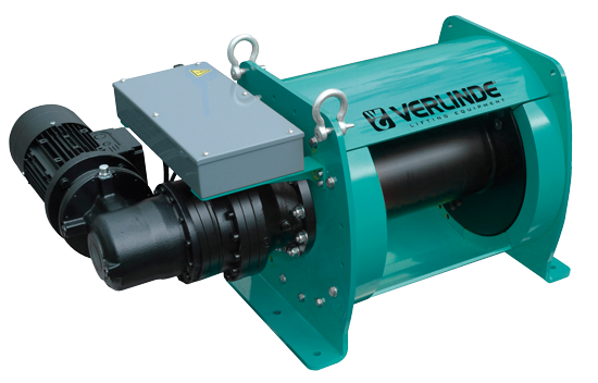 Treuil électrique vert Verlinde avec moteur, réducteur et tambour à câble, sur fond transparent